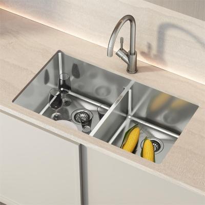 China Without Faucet Factory Supplier Custom Design Modern Under Double Rectangular Brushed Handmade 304 Stainless Steel Kitchen Sink for sale