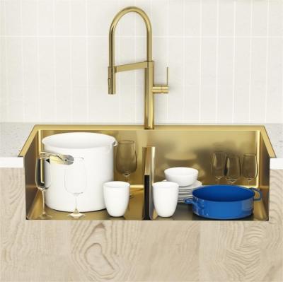 China Without Faucet Factory Supplier Custom Design Kitchen Gold Modern Double Rectangular Topmount Stainless Steel Kitchen Basin Sink for sale