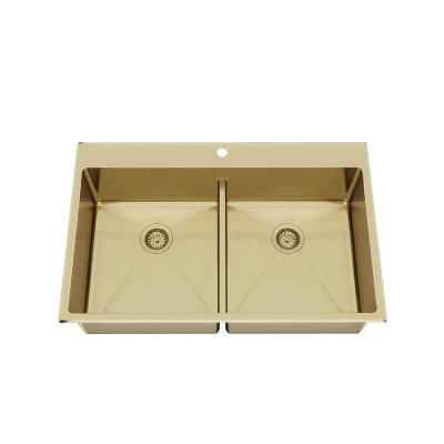 China Without Faucet Factory Supplier Custom Design Gold Modern Double Rectangular Stainless Steel Handmade Kitchen Sink For Kitchens for sale