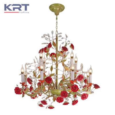 China Romantic Red Rose Flower Leaf Flower Candle Chandeliers Fancy Lamp Modern French Style Ceiling Pendant Lamp Lighting for Bedroom Home Decor for sale