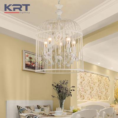 China Rose Decor Lighting Ceramic Hanging Pendant Crystal Chandelier in White Metal Modern Birdcage Chandelier for sale