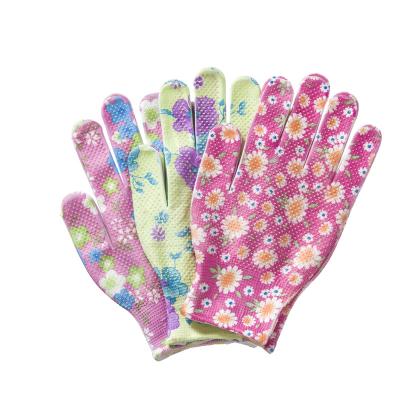 China Comfortable Duarble PVC Dotted Gloves Lady Garden Flower Working Gloves Comfortable Nylon 13 Gauge Polyester Yarn Gloves for sale