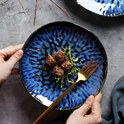 China Sustainable Nordic Style Porcelain Steak Dish Oven Glazed Blue Ceramic Dish Split Tableware Dishes For Hotel Restaurant for sale