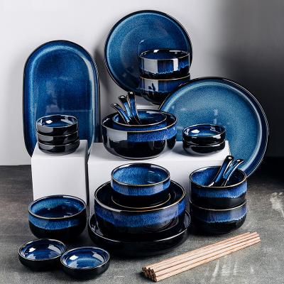 China Factory wholesale viable western style for hotel home restaurant 26 pcs unbreakable blue fambe stoneware dinnerware serving set for sale