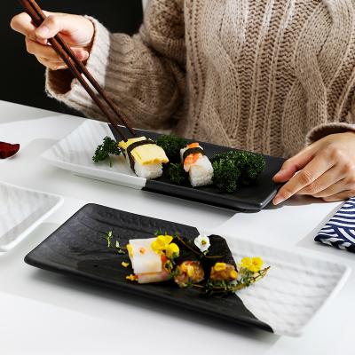 China Sustainable Tableware Unique Ceramic Rectangle Dish Dinner Plate Black White Porcelain Dishes For Sushi / Fruit for sale