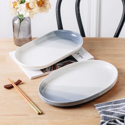 China Good Quality Sustainable Creative Ceramic Dish Dinnerware Sets Restaurant Porcelain Oval Dipped Splint for sale