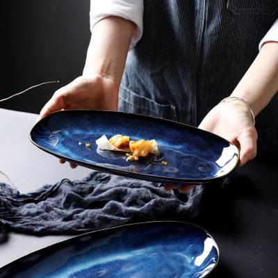 China Japanese Style Household Fish Ceramic Sustainable Dish Blue Luster Oval Sushi Dish for sale