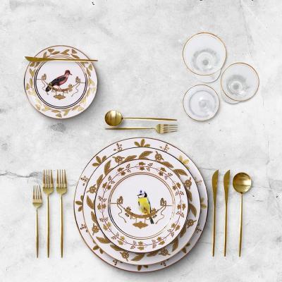 China Sustainable High End Gold Bird Electroplate Ceramic Dinnerware Sets High Hard Porcelain Dinner Sets for sale