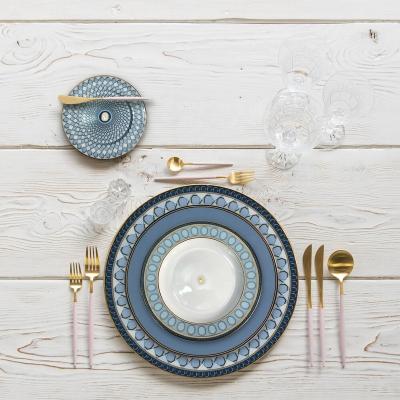 China Sustainable Blue Design With Gold Rim Ceramic Dinnerware Elevated Hard Porcelain Dinner Sets for sale