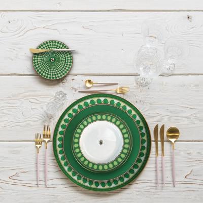 China Sustainable Green Design With Gold Rim Ceramic Dinnerware Elevated Tough Porcelain Dinner Sets for sale