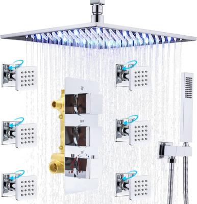 China Without Slide Bar Ceiling Rain Shower System With On/Off Switch 6pcs Shower Jets Spray 12 Inch LED Thermostatic Full Body Shower Faucet for sale