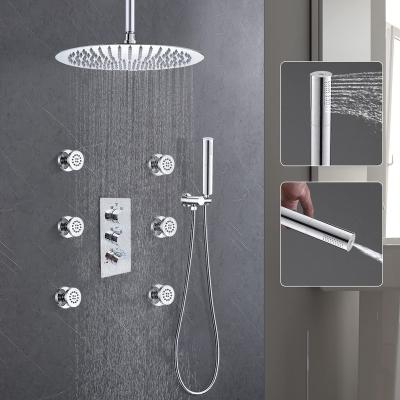 China Without Slide Bar Chrome Round Shower Faucets Set 16 Inch Thermostatic Rain Shower Full Body Spray System With Dual-fucntion Hand Shower for sale