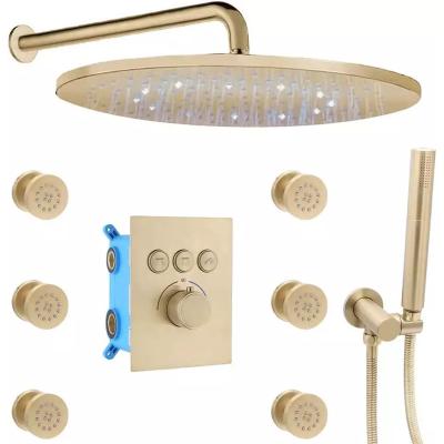 China Barless Brushed Gold Wall Mount Thermostatic Bathroom Rain LED Shower System Faucet Combo Sets With Knob Valve for sale