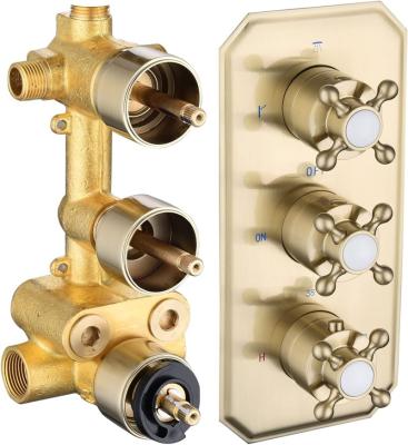 China Slide Barless Gold Thermostatic Shower Diverter Valve Replacement 3 Outlet Brushed Shower Mixing Mixer Rough-in Valve With Adjuster Kit for sale