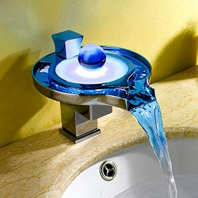 China Bathroom Single Basin Metered Design Faucets Hot And Cold Waterfall Mixer Tap 3 Colors LED Light Glass Spout Sink Faucet for sale