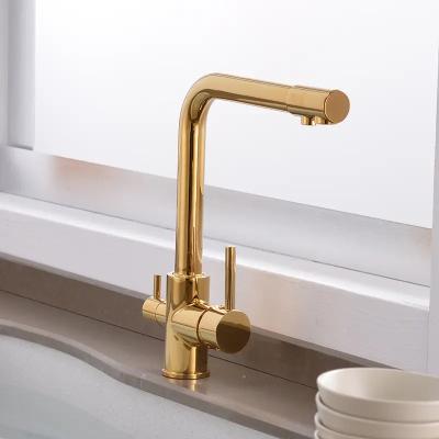 China Modern Brass Metered Water Tap Gold Water Filter Faucet Kitchen Drinking Faucet Double Handle Hot And Cold for sale