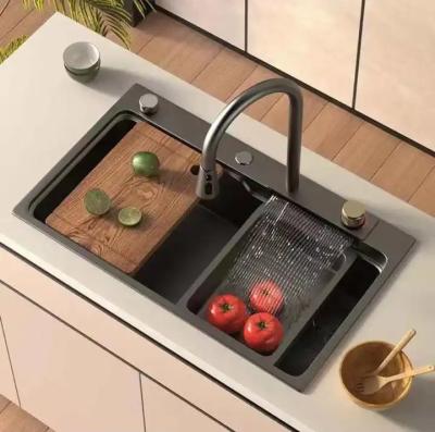 China With Faucet Stainless Steel Ware Kitchen Handmade Undermount Sink Double Basin Sanitary Bowl With Waterfall Faucet Digital Display for sale