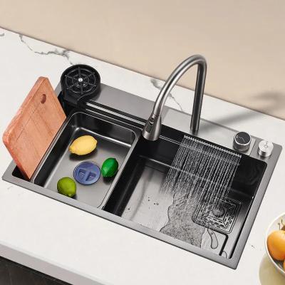 China Multifunctional Black Modern Glass Sink Kitchen Faucet Stainless Steel Waterfall Smart Kitchen Sink Kitchen Sink for sale