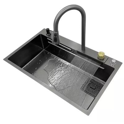 China Modern Single Faucet Bowl 304 Stainless Steel Nano Concealed Kitchen Sink Being Set With Waterfall Faucet for sale