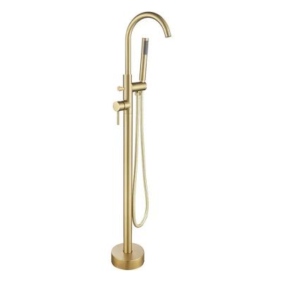 China With Slide Bar Tub Filler Freestanding Bathtub Faucet Brushed Brass Gold Floor Mount Bathroom Tub Faucet With Hand Shower for sale