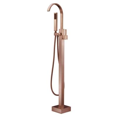 China Modern Floor Mounted Waterfall Bathroom Faucet Freestanding Rose Gold Slide Bar Bathtub Shower Faucet With Square Base for sale