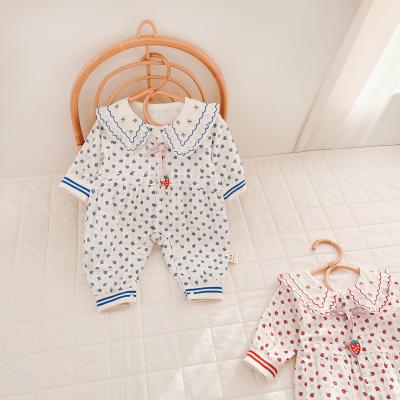 China Spandex/cotton 2022 spring new arrival turndown collar fruit lovely printing cartoon pattern button comfortable toddler girls rompers for sale