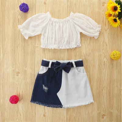 China El Flashing Spring and Summer 2022 New Girls Hollow Out Long Sleeve Shirt + Short Trend Two Denim Shorts for sale