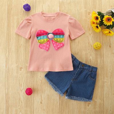 China El Flashing Border Electricity New Spring And Summer 2022girls Dress With Short Sleeves Two Cartoon Printing + Denim Shorts for sale