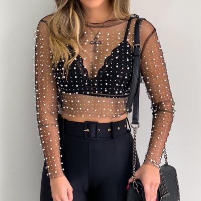 China Anti-pilling Wholesale Transparent Pearl All Sleeve Rhinestone Lady Tops Fashion Mesh Long Over The Top High Quality Women Tops For Women 2021 for sale