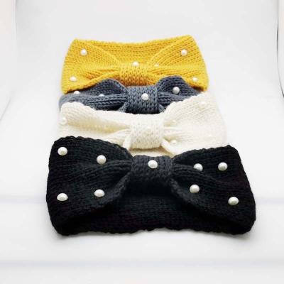 China European and American fashion knitted hair wool hair bow pearl bow hair band flat face hearing protection hair band knitted washing accessories for sale