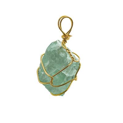 China Wholesale CLASSIC Cut Irregular Natural Decorative Raw Green Dongling Fluorite Energy Stone Handmade Cable Gold Plated Pendant Jewelry for sale