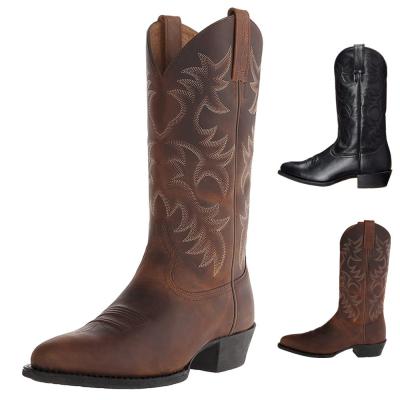 China Wholesale Round Men's Factory New Arrival Tube Middle Cowboy Biker Boots Embroidery Chelsea Martin Western Boots Shoes for sale