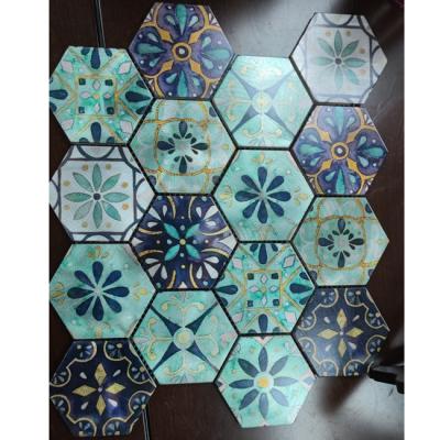 China Europe hexagon shape flower leaf patterns ink-jet printing aluminum mosaic tile for wall decoration for sale