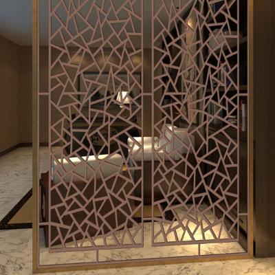 China 304 Gold Color Brushed Laser Cut Hollow Stainless Steel Metal Screen Partition Room Divider For Guest Room for sale