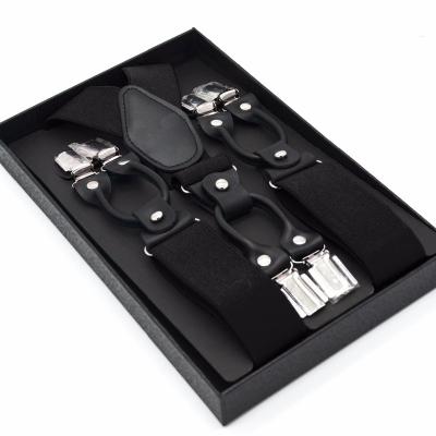 China 6 clips Cool Black vegan-leather design customized suspender with 6metal clips for adult Sturdy Quality cuboid gifting box packing for sale