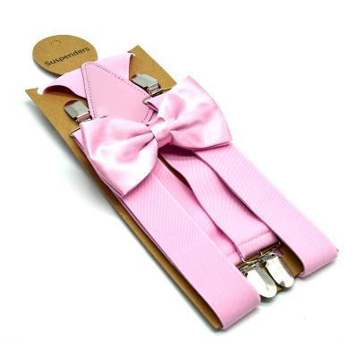 China 70% Polyester +20%Latex wire+10% PU Pink trouser suspender tie set women colorful solid design 4 clips 3.5 cm width 120 cm length popular wholesale low price for sale