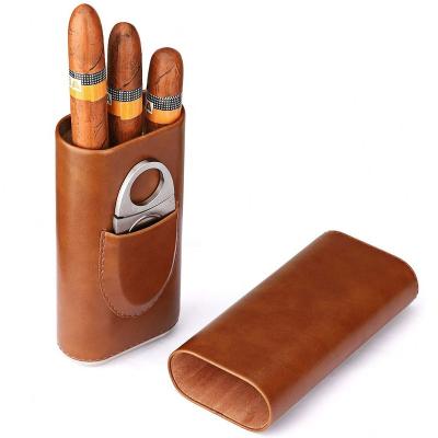 China Custom Portable Cigar Case Indoor Travel Leather With Cigar Cutter High Quality 3 - Finger Brown Leather Cigar Case Bulk for sale