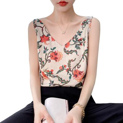 China Breathable V-Neck Printed Halter Silk Vest For Spring/Summer Shorts Loose Satin Top With Suit Base for sale