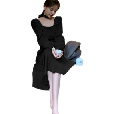 China Anti-wrinkle slash neck romance knitted dress with solid color short sleeve knit sweater for sale