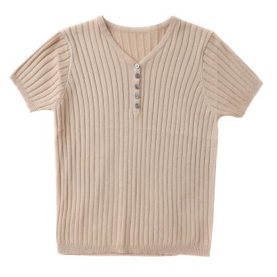 China Breathable Women's Casual Short Sleeve Knitted Pit Strip Knit Women Short Sleeve Top for sale