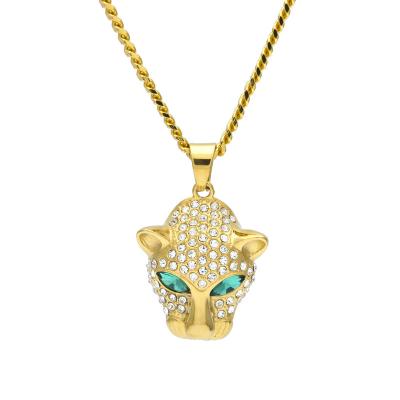 China Stainless Steel Tide Brand Jewelry Inlaid Green Couples Necklace Diamond Eyes Leopard Head Pendant Hiphop Fashion Jewelry Hip Hop for sale