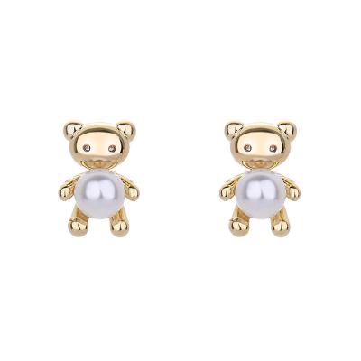 China 2022 Trendy New Luxury Piercing Designer Jewelry Silver Needle Copper Earrings Gold Plated Little Bear Pearl Charm Women Studs Earrings for sale