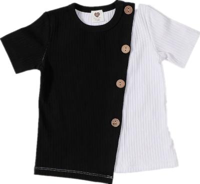 China Breathable girls and boys round neck short sleeves t-shirtfashion kids t-shirt ribbed contract patched color for sale