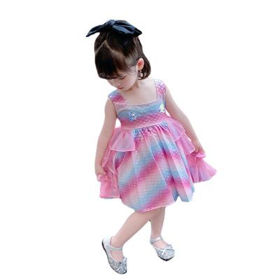 China 2021 Summer Colorful Princess Layered Dress Pink Anti-wrinkle Lace Up Sequined Sleeveless Girls Kids Wear for sale