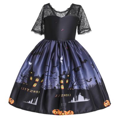 China 2021 New Girls Anti-wrinkle Princess Dress Lace Halloween Ghost Printing Children Girls Dress Set Baby Clothes for sale