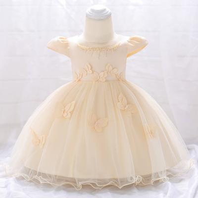 China Hot Selling Anti-wrinkle Babies Petal Sleeve Beaded Butterfly Infant Babies Dress For Birthday Party for sale