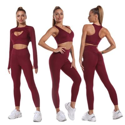 China Custom New Listing Logo Breathable 3 Plain Color Quick Dry 3 Pieces Set Ladies Tracksuits Yoga Set Suit for sale