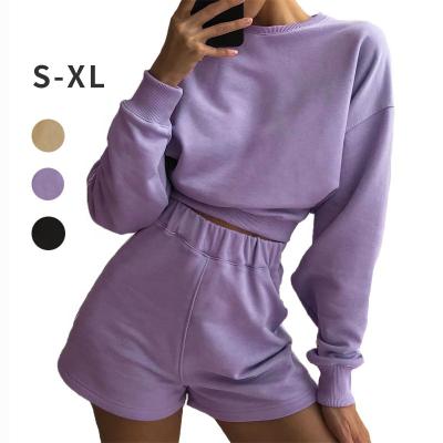 China 2021 Custom Women Shorts Long Sleeve Hoodies Breathable Crop Top Pullover Comfy Simple Solid Color 2 Piece Sets for sale