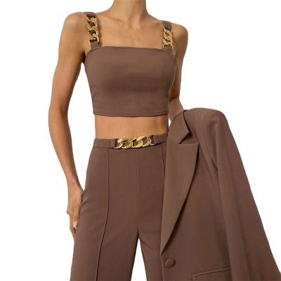 China Versatile High Quality Women Vest And Pants 2 Piece Sling Set High Waist Wrapped Hip Straight Pants Casual Set for sale