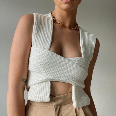 China Breathable vests for women 2021 summer new fashion design sexy halter wrap wool sweater knit cross crop tops for sale